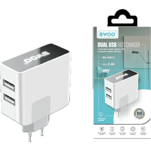 Caricabatterie da Parete Doppia Porta Dual USB Led Caricatore Rapido 2.4A CDA13