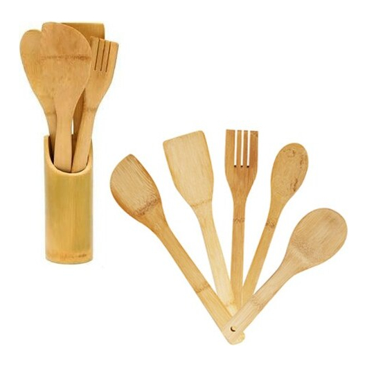 Porta Posate e Mestoli da Cucina in Legno di Bamboo Portaposate con 5 Accessori