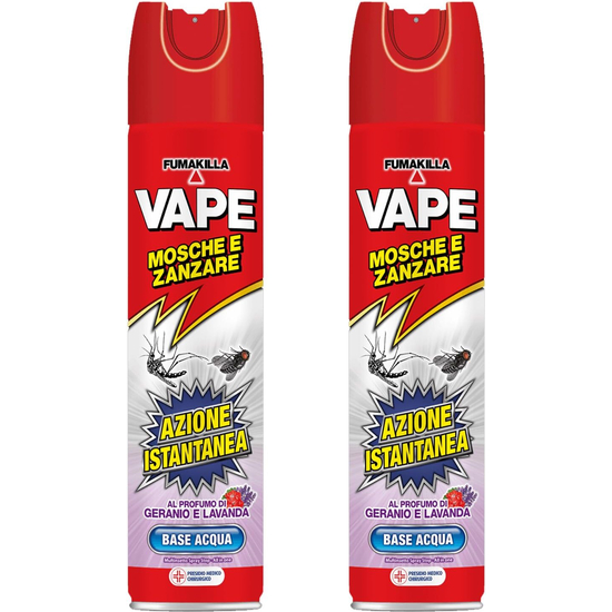 2 Insetticida Mosche Zanzare Spray 400ml Vape profumo di geranio e lavanda